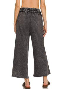 Mineral Washed French Terry Palazzo Pants in Ash Black Pants Zenana   