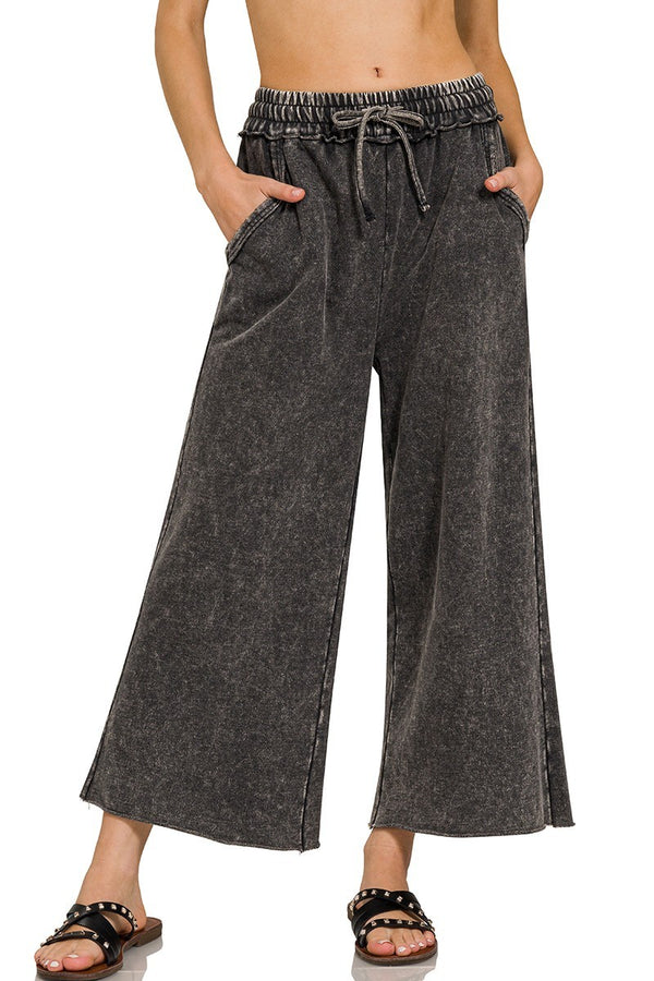 Mineral Washed French Terry Palazzo Pants in Ash Black ON ORDER Pants Zenana   