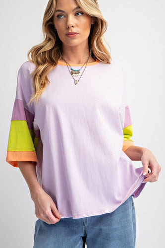 Easel Color Block Sleeves Top in Lavender Shirts & Tops Easel   