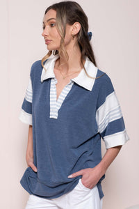 Hailey & Co Oversized Terry Knit Sporty Polo Top in Denim Blue