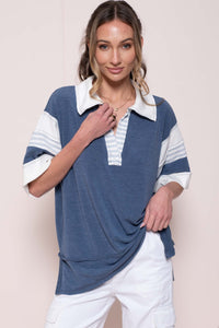 Hailey & Co Oversized Terry Knit Sporty Polo Top in Denim Blue