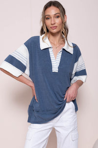 Hailey & Co Oversized Terry Knit Sporty Polo Top in Denim Blue