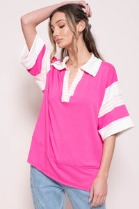 Hailey & Co Oversized Terry Knit Sporty Polo Top in Fuchsia