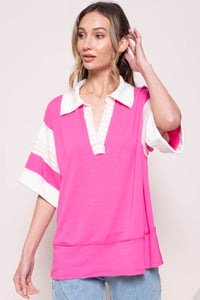 Hailey & Co Oversized Terry Knit Sporty Polo Top in Fuchsia