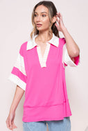 Hailey & Co Oversized Terry Knit Sporty Polo Top in Fuchsia FINAL SALE