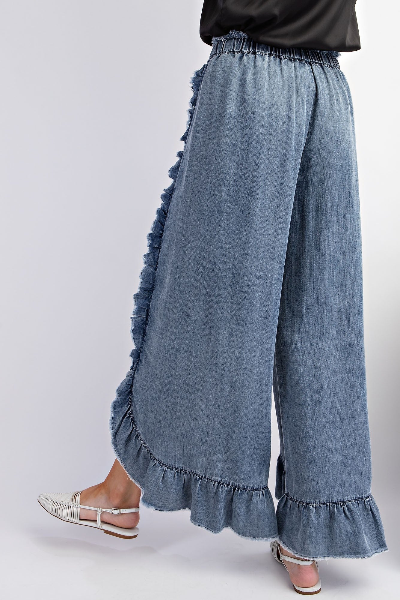 Easel Chambray Pants with Ruffle Details in Washed Denim – June Adel