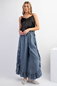 Easel Chambray Pants with Ruffle Details in Washed Denim Pants Easel   