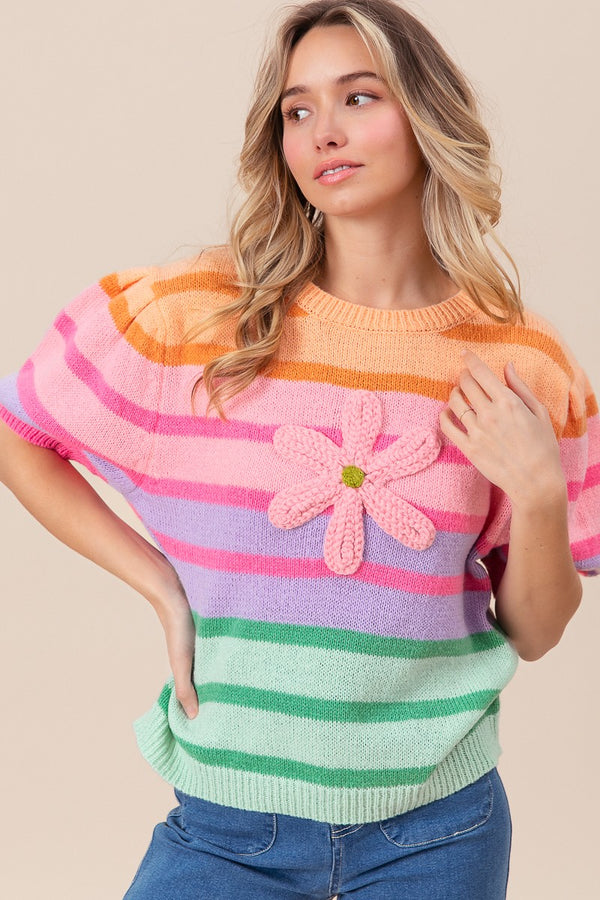 BiBi Crochet Meadow Flower Patch Sweater Top in Ivory