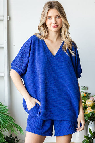 First Love Oversized Solid Color Textured Top in Blue Royal Shirts & Tops First Love   