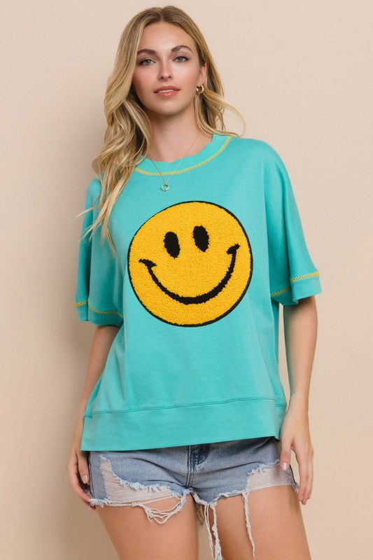 Oddi OVERSIZED Top with Large Smiley Face Patch in Aqua – June Adel
