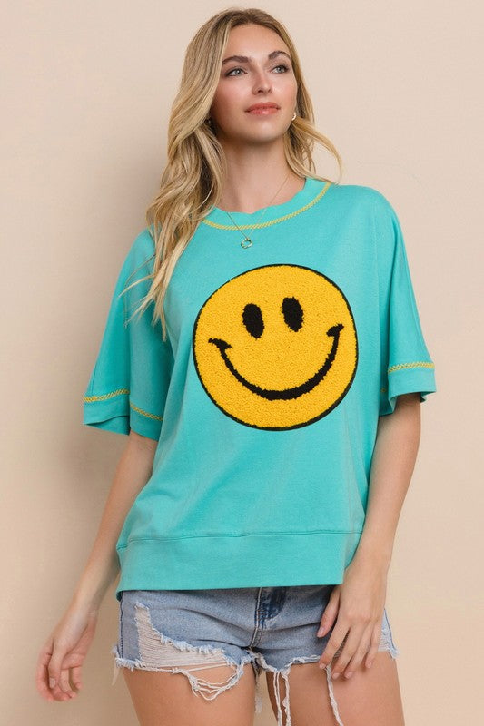 Oddi OVERSIZED Top with Large Smiley Face Patch in Aqua – June Adel