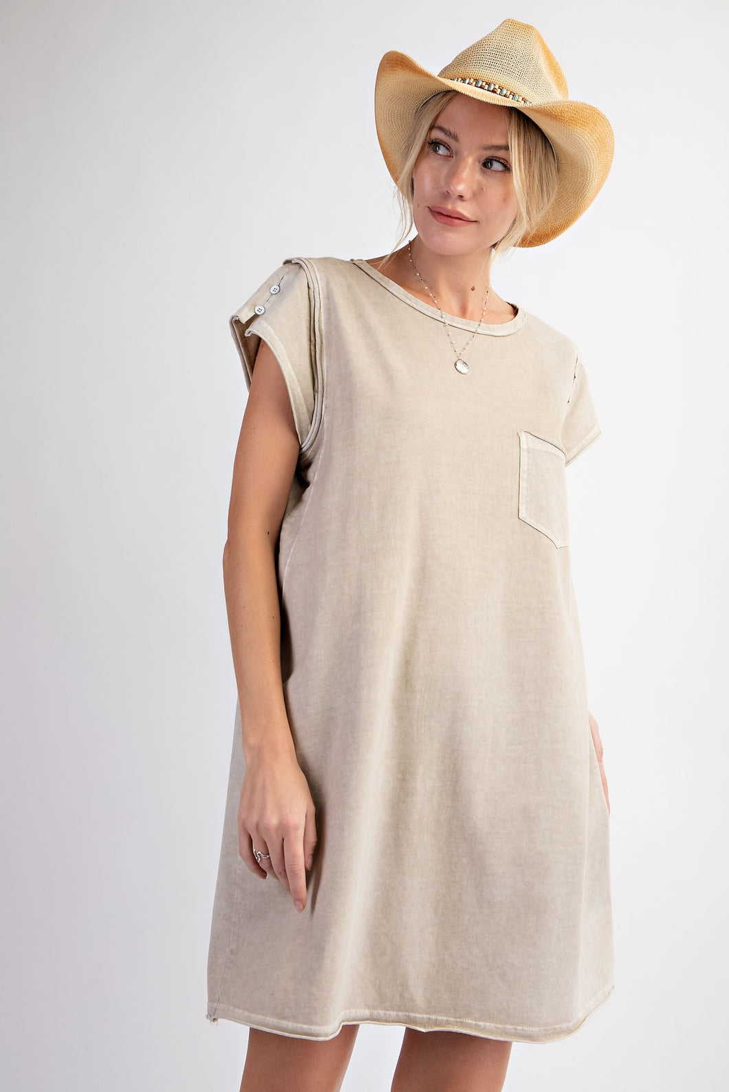 Easel Mineral Washed Cotton Knit Dress in Stone