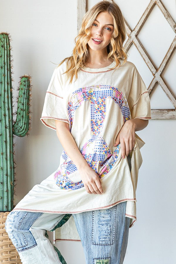 Oli & Hali Oversized Appliqued Peace Sign Top in Cream Shirts & Tops Oli & Hali   