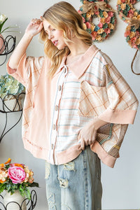 Oli & Hali Mixed Fabric Button Up Top in Blush Shirts & Tops Oli & Hali   