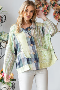 Oli & Hali Mixed Fabric Button Down Top in Sage Shirts & Tops Oli & Hali   