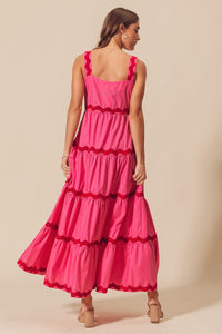 So Me Tiered Dress with Scalloped Ric Rac Trim in Fuchsia/Red