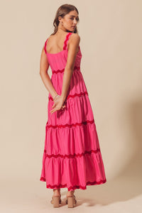 So Me Tiered Dress with Scalloped Ric Rac Trim in Fuchsia/Red
