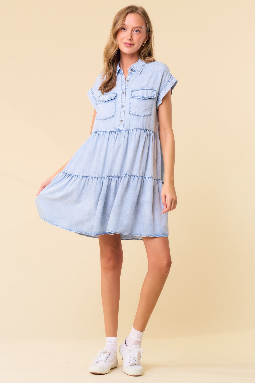 Doe and Rae Tiered Tencel Mini Dress in Light Denim S