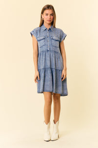 Doe and Rae Tiered Tencel Mini Dress in Dark Denim