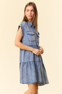 Doe and Rae Tiered Tencel Mini Dress in Dark Denim