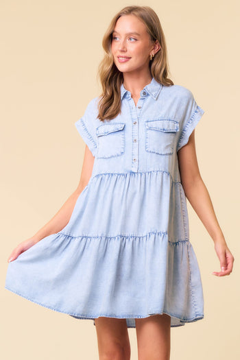 Doe and Rae Tiered Tencel Mini Dress in Light Denim S Doe and Rae Tiered Tencel Mini Dress in Light Denim S