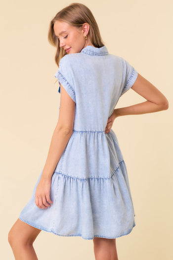 Doe and Rae Tiered Tencel Mini Dress in Light Denim S Doe and Rae Tiered Tencel Mini Dress in Light Denim S