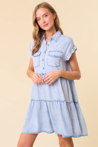 Doe and Rae Tiered Tencel Mini Dress in Light Denim