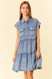 Doe and Rae Tiered Tencel Mini Dress in Dark Denim