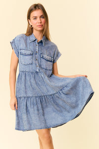 Doe and Rae Tiered Tencel Mini Dress in Dark Denim