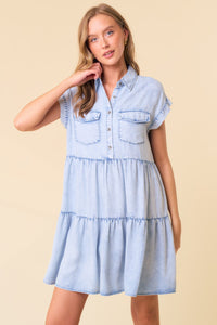 Doe and Rae Tiered Tencel Mini Dress in Light Denim