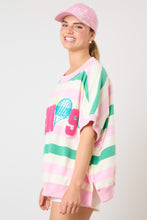 Load image into Gallery viewer, Fantastic Fawn OVERSIZED Striped Top with TENNIS Sequin and Letter Patched Front in Lt Pink/Green
