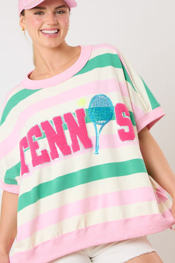 Fantastic Fawn OVERSIZED Striped Top with TENNIS Sequin and Letter Patched Front in Lt Pink/Green