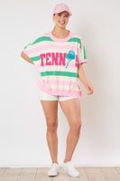 Fantastic Fawn OVERSIZED Striped Top with TENNIS Sequin and Letter Patched Front in Lt Pink/Green