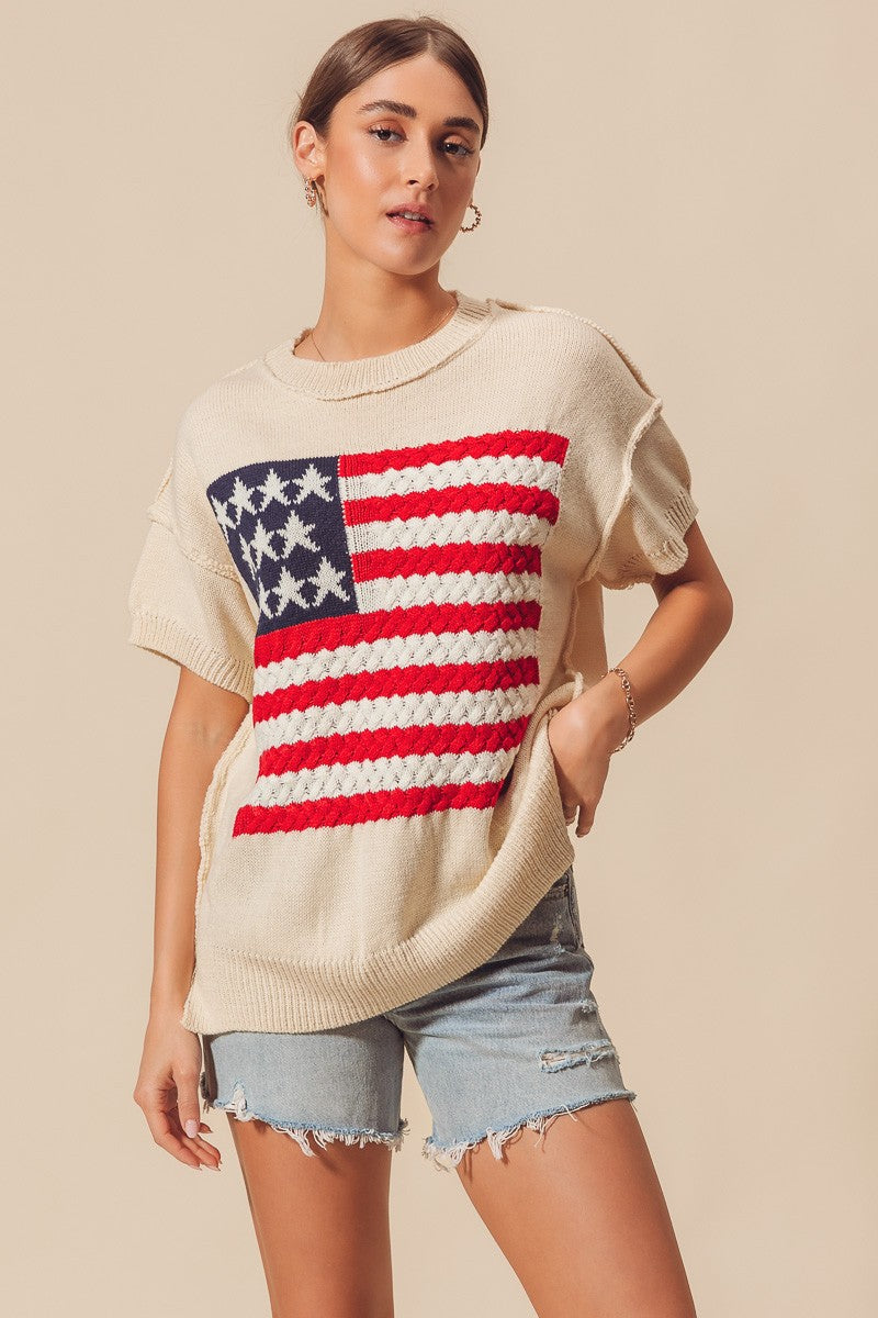 So Me American Flag Knit Sweater Top in Ivory Shirts & Tops So Me   