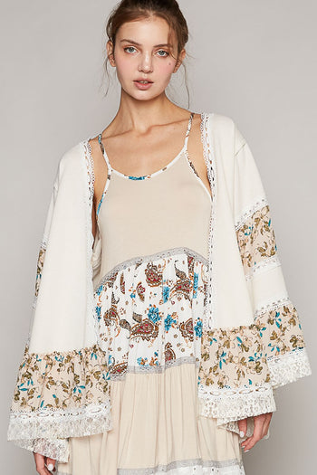 POL Open Front Mixed Cardigan in Cream Multi Cardigan POL Clothing   