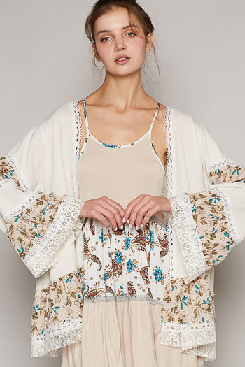 POL Open Front Mixed Cardigan in Cream Multi Cardigan POL Clothing   