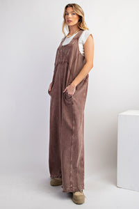 Easel Mineral Washed Terry Knit Jumpsuit in Chocolate ON ORDER