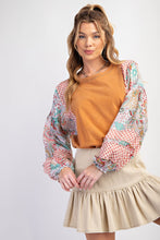 Load image into Gallery viewer, Easel Mineral Washed Top with Contrasting Print Sleeves in Camel
