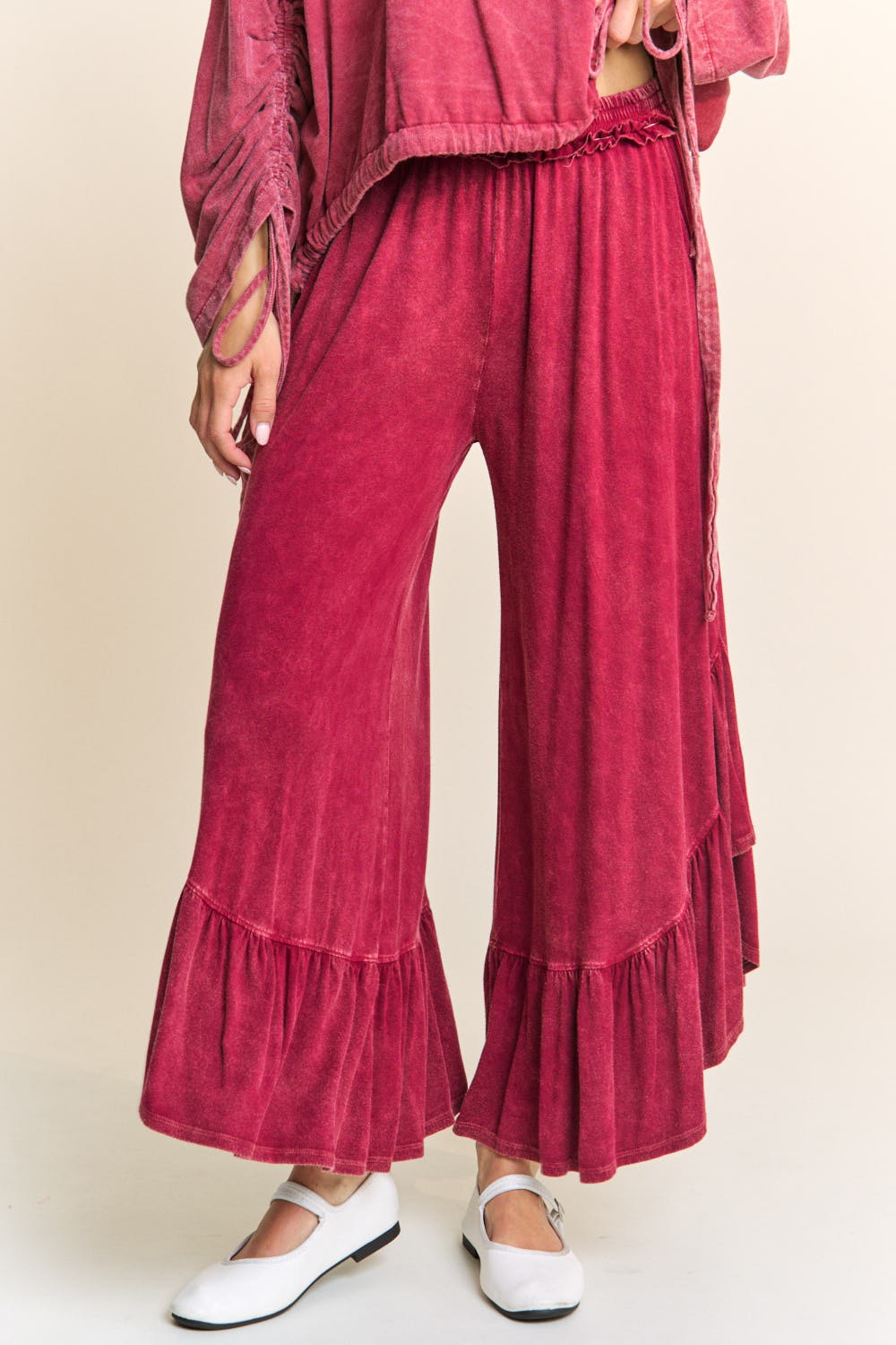 J.Her Mineral Washed Big Ruffle Pants in Burgundy