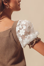 Load image into Gallery viewer, So Me Fitted Sweater Top with Lace Puff Sleeves in Coffee
