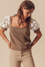 Load image into Gallery viewer, So Me Fitted Sweater Top with Lace Puff Sleeves in Coffee
