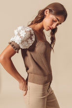 Load image into Gallery viewer, So Me Fitted Sweater Top with Lace Puff Sleeves in Coffee
