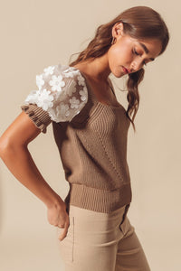 So Me Fitted Sweater Top with Lace Puff Sleeves in Coffee