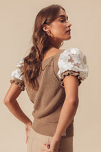 Load image into Gallery viewer, So Me Fitted Sweater Top with Lace Puff Sleeves in Coffee
