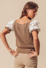 Load image into Gallery viewer, So Me Fitted Sweater Top with Lace Puff Sleeves in Coffee
