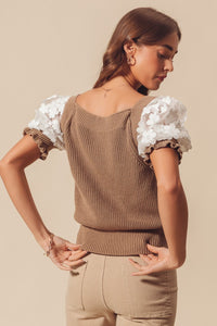 So Me Fitted Sweater Top with Lace Puff Sleeves in Coffee