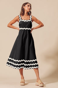 So Me A-Line Midi Dress with Scalloped Ric Rac Trim in Black/Off White