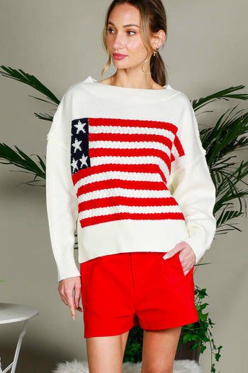 Vine & Love American Flag Knit Sweater in Cream