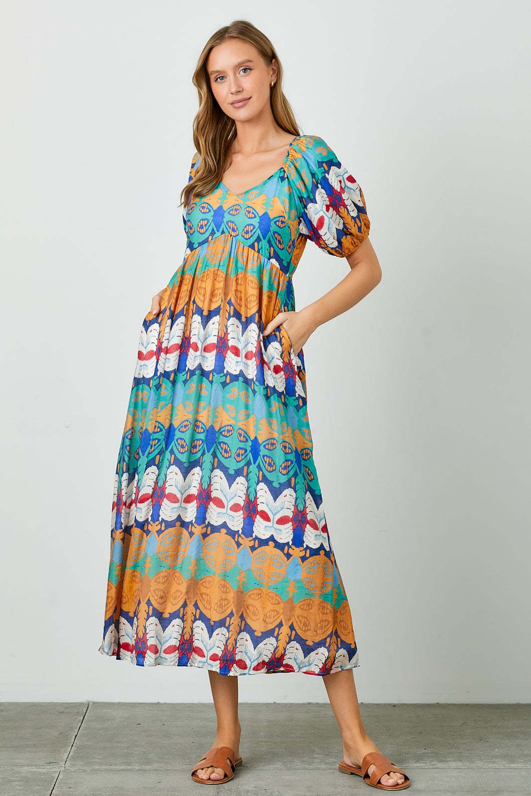 Polagram Ethnic Print Midi Dress in Red Multi