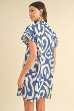 Load image into Gallery viewer, AnnieWear Abstract Print Button Down Mini Dress in Royal
